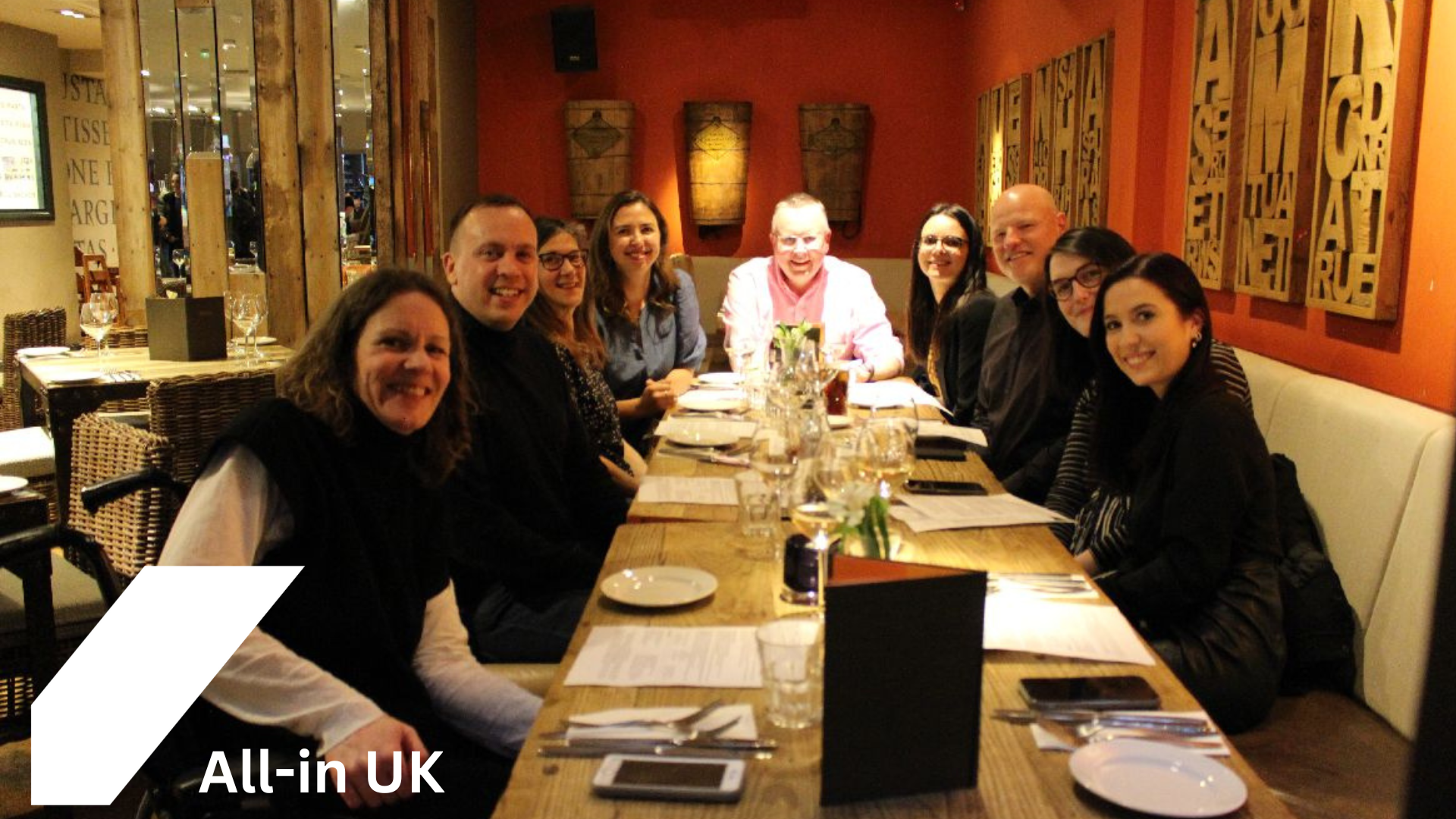Group photo of Inclusion group: the RX All-in UK team sat down at a restaurant